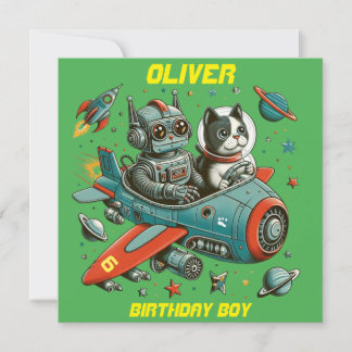 Convites Robô Retro Personalizável e Gato no Espaço