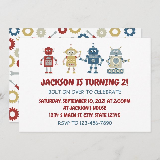 Convites Robot Birthday (Frente/Verso)
