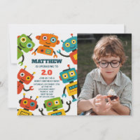 Robot Birthday Editável Convide com fotografia