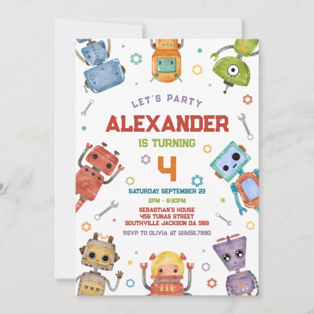 Convites Robot Kids Birthday Invitation (Frente)