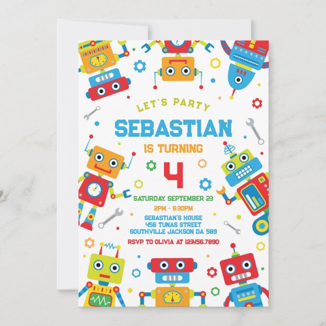 Convites Robot Kids Birthday Invitation (Frente)