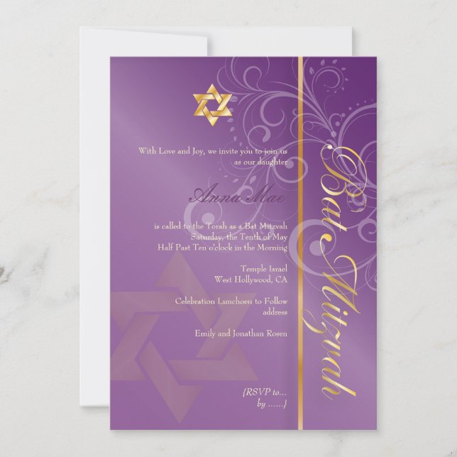 Convites Rochedos Bat Mitzvah/ameixa/ouro (Frente)