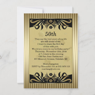 Convites Rochedos pretos e dourados, flores da 50ª Festa de