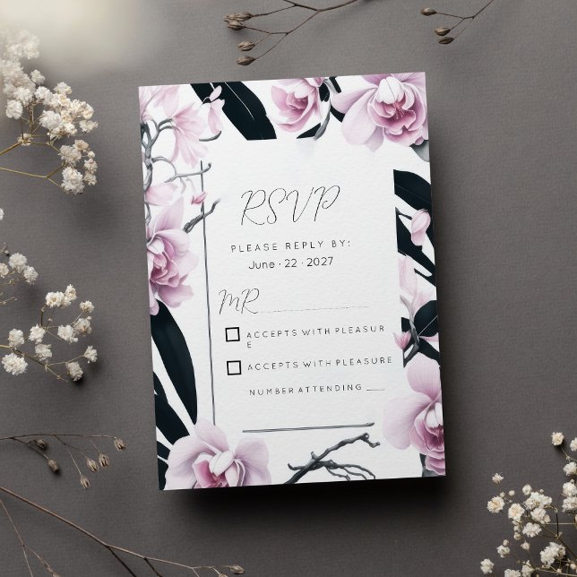 Convites Rochid em forma de aquarela, cor-de-rosa, RSVP (Watercolor pink black orchid flowers RSVP )