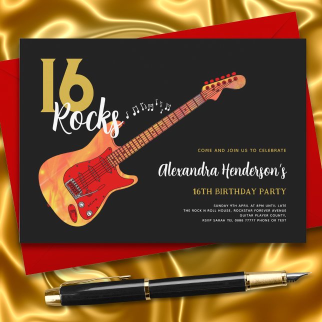 Convites Rock and Roll 16th festa de aniversário 16 rochas (16 rock electric guitar 16th birthday black and gold invitation)