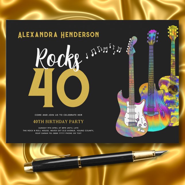 Convites Rock and Roll do aniversário de 40 anos (guitar music black and gold 40th birthday party invitation )