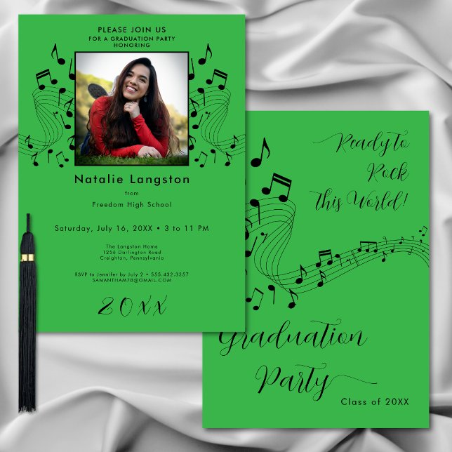 Convites Rock Music Black & Green Photo Festa de formatura (Rock Music Black & Green Photo Graduation Party Invitation)