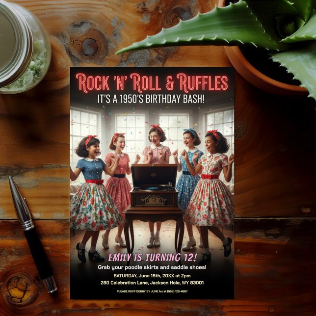 Convites Rock 'n' Roll Ruffles 1950s Birthday Party (Criador carregado)