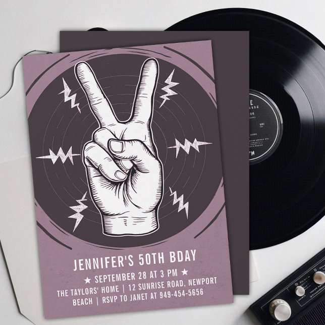Convites Rock Party Peace Sign Pink Adult Moderno Birday (music musician rock adult birthday party invitation men modern lavender pink peace sign drawing)