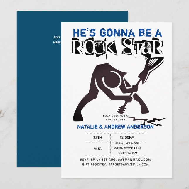 Convites ROCK STAR BOYS Chá de fraldas Blue Black Break Gui (Frente/Verso)