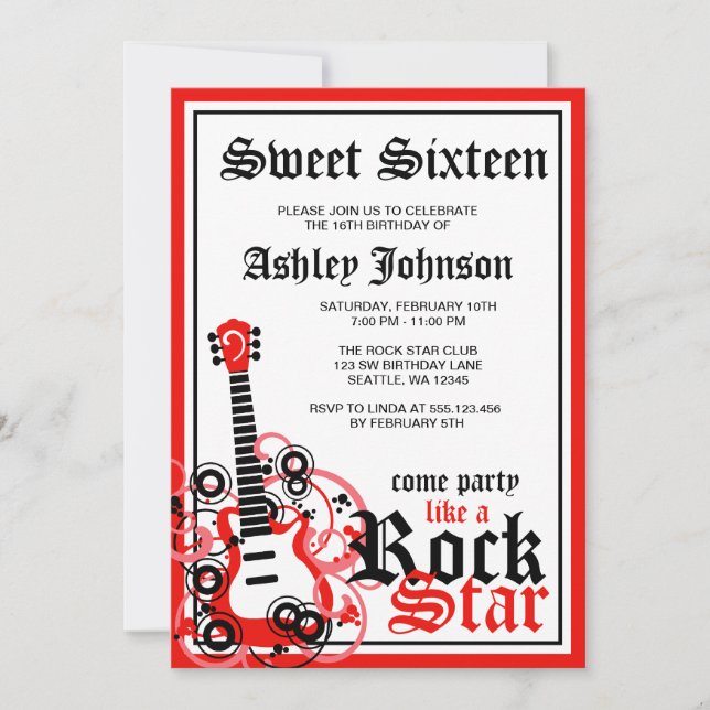 Convites Rock Star Guitar Sweet 16 Vermelho Festa de aniver (Frente)