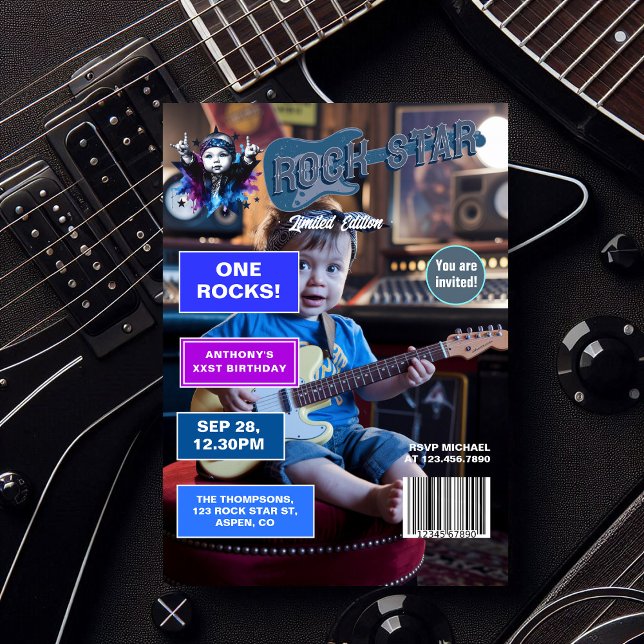 Convites Rock Star "One Rocks"! Primeiro aniversario Cobrir (Rock Star "One Rocks!" Magazine Cover 1st Birthday Invitation)
