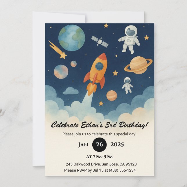 Convites Rocket and Astronaut Space Adventure Birthday  (Frente)