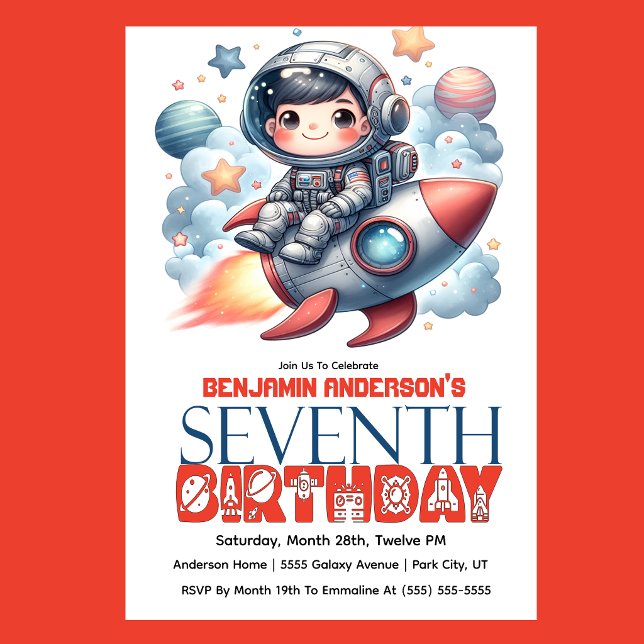 Convites Rocket Astronaut Boy's 7th Birthday (Space astronaut boy riding rocket 7th birthday party invitation with planets and stars
)