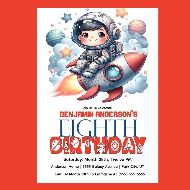 Convites Rocket Astronaut Boy's 8th Birthday (Space astronaut boy riding rocket 8th birthday party invitation with planets and stars
)