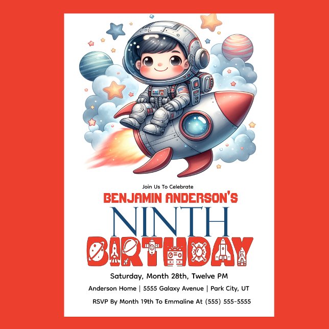 Convites Rocket Astronaut Boy's 9th Birthday (Space astronaut boy riding rocket 9th birthday party invitation with planets and stars
)