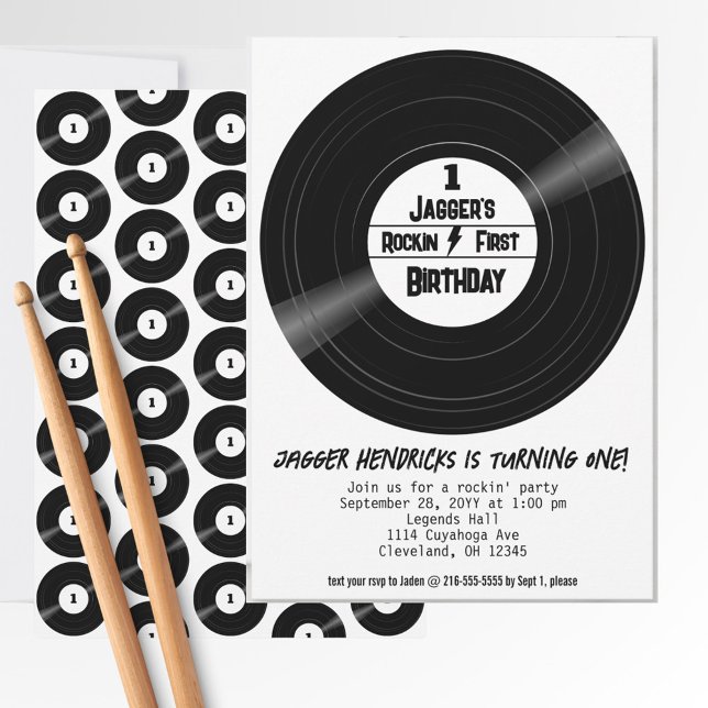 Convites Rockin First Birday Vinyl Record Black and White (Rock and roll 1st birthday vinyl record invitation. )