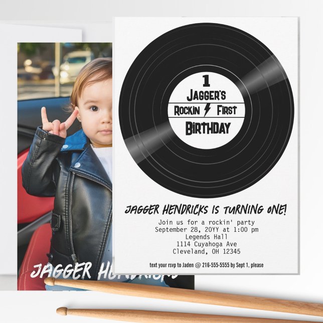 Convites Rockin First Birthday Photo Vinyl Record B&W (Rock n roll first birthday vinyl record photo invitation. )