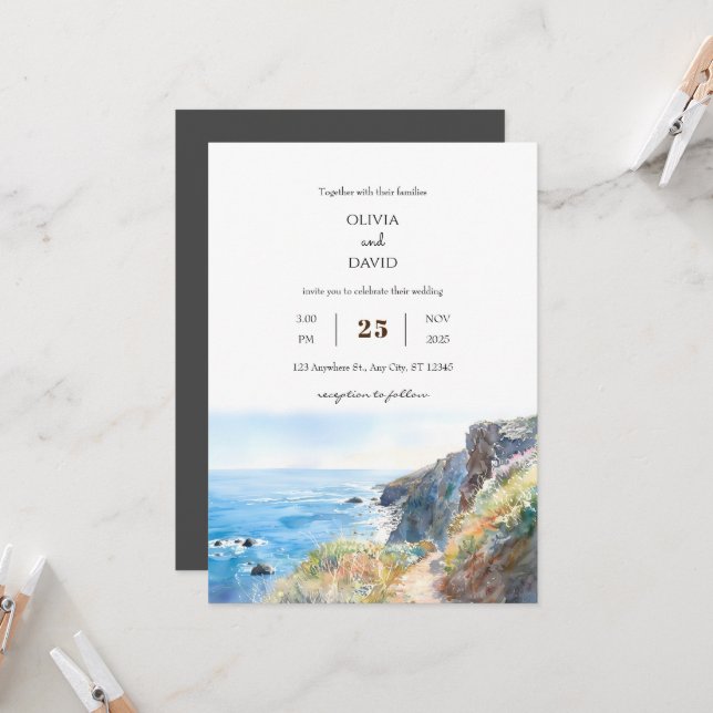 Convites Rocky Cliff Trail Blue Ocean Waves Beach Casamento (Frente/Verso In Situ)