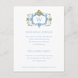 Convites Rococo Blue Monogram Crest Rehearsal Dinner
