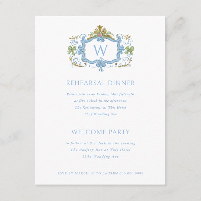 Convites Rococo Blue Monogram Crest Rehearsal Dinner (Frente)