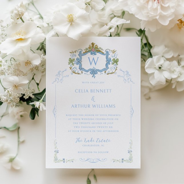 Convites Rococo Blue Monogram Crest Wedding (Criador carregado)