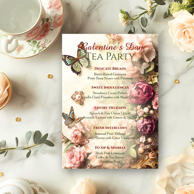 Convites Rococo Butterfly Garden Galentine Tea Party Menu (Criador carregado)