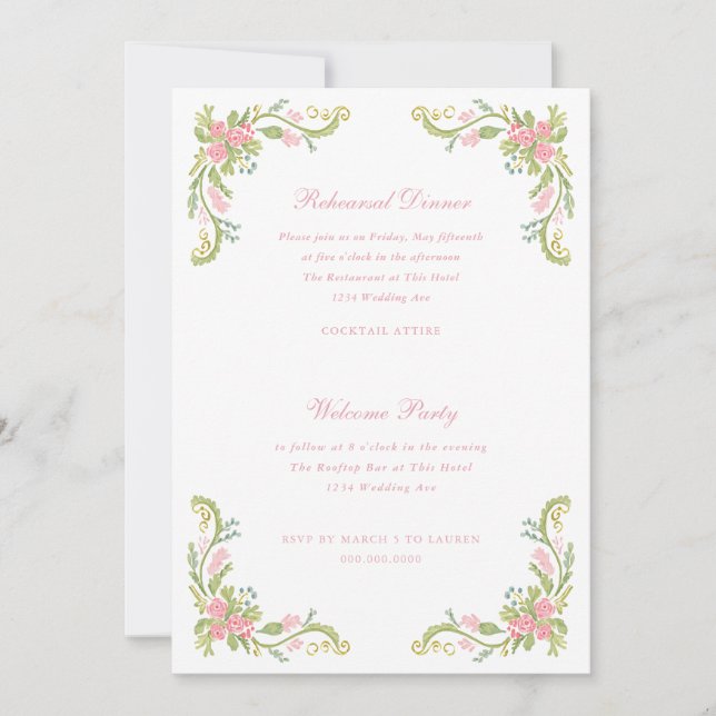 Convites Rococo Ornate Floral Border Rehearsal Dinner (Frente)