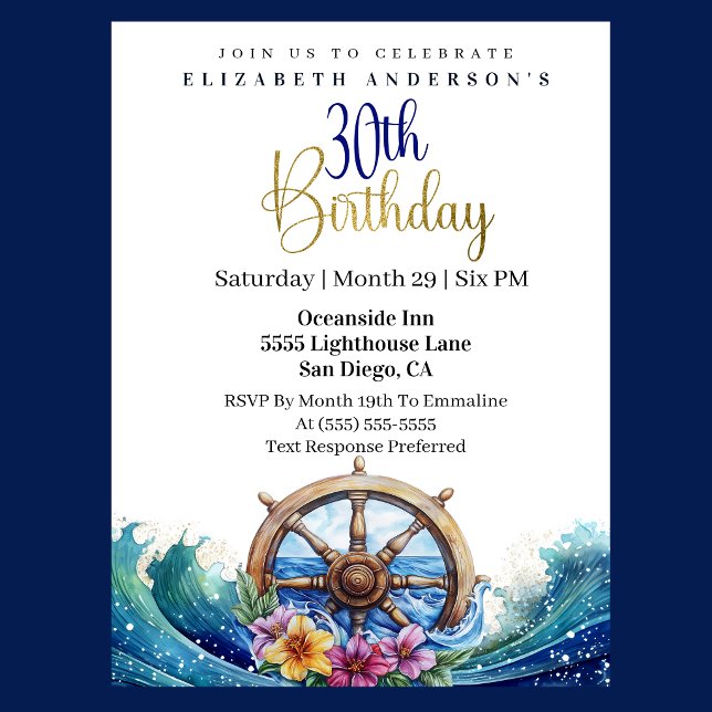 Convites Roda de Direção Náutica 30º Aniversário (Nautical sailing wheel 30th birthday invitation with ocean waves and tropical flowers
)