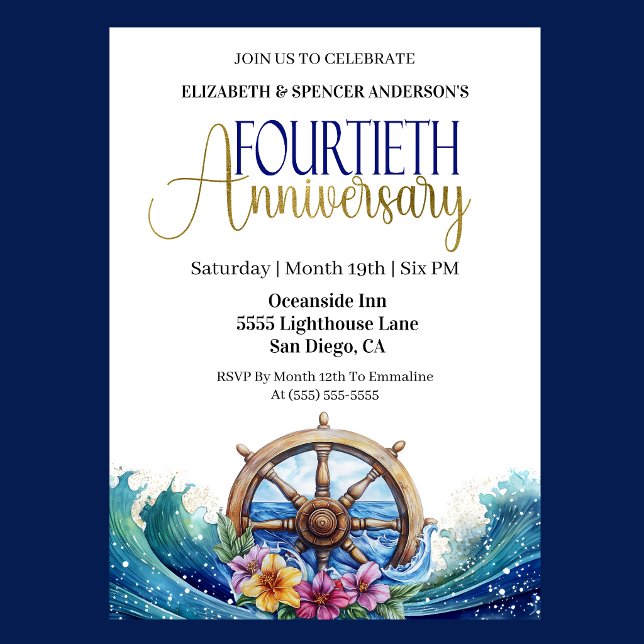 Convites Roda de Leme Náutico 40º Aniversário de Casamento (Nautical 40th wedding anniversary invitation with ship wheel, ocean waves, and tropical flowers )