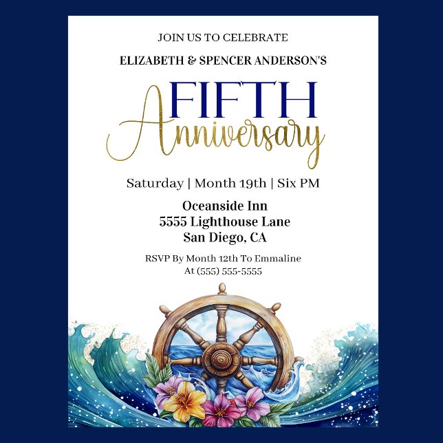 Convites Roda de Leme Náutico 5º Aniversário de Casamento (Nautical 5th wedding anniversary invitation with navy blue and gold text, ship wheel and ocean wave)
