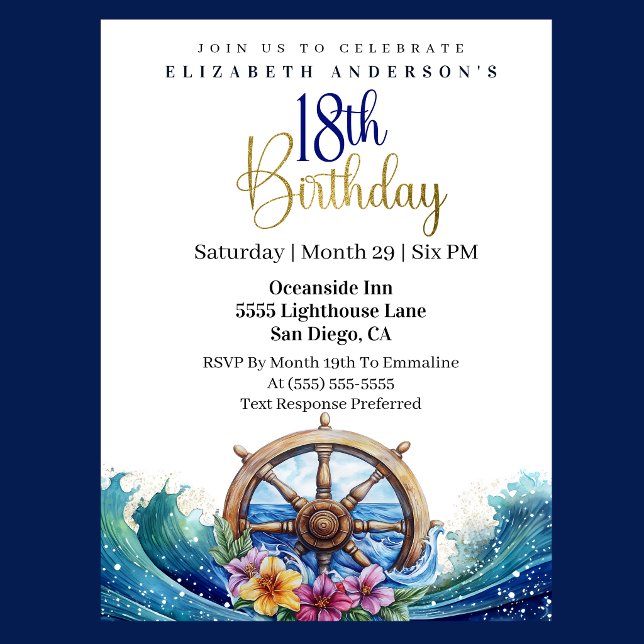 Convites Roda de Leme Náutico Aniversário de 18 Anos (Nautical sailing wheel 18th birthday invitation with ocean waves and tropical flowers
)