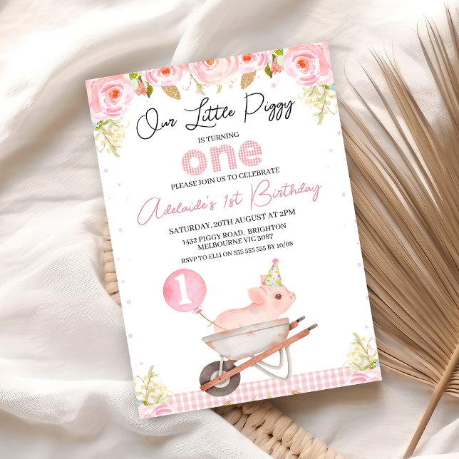 Convites Roda Floral Cor-de-rosa Pequeno primeiro aniversar (Pink Floral Little Piggy 1st Birthday Invitation Girl, Our Little Piggy First Birthday Invite, )