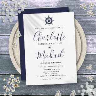 Convites Roda Náutica de Navio Azul Marinho Casamento
