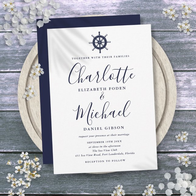 Convites Roda Náutica de Navio Azul Marinho Casamento (Nautical Ship Wheel Navy Blue Script Wedding Invitation)