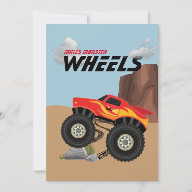 Convites Rodas de monstro laranja, amarelo, vermelho, verde (Frente)