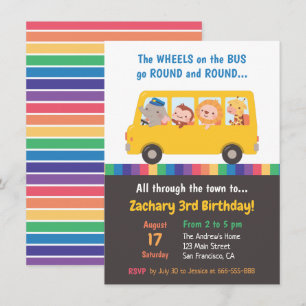 Convites Rodas no Ônibus Animais Fofos Festa de Aniversário