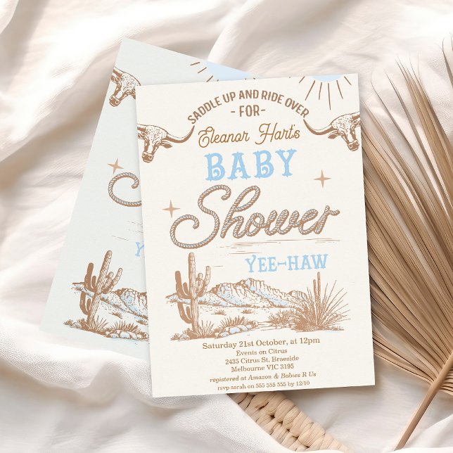Convites Rodeo Blue Boys Rodeo Cowboy Chá de fraldas Ociden (Vintage Baby Blue Brown Rodeo Baby Shower Invitation Baby Boy, Rope Text, Longhorn Cow Western)