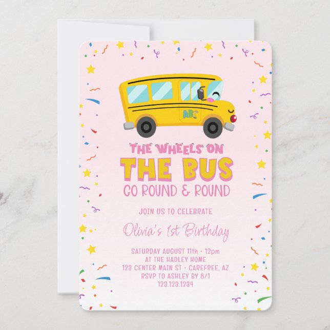 Convites Rodinhas Rosa no Ônibus 1º Aniversário (Frente)
