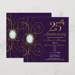 Convites Rojal Plum Roxo Dourado Diamante 25 25º Aniversári