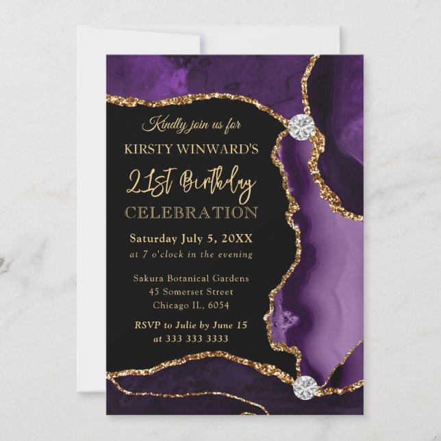 Convites Rojão de Aniversário Falso em Ágata Roxo e Dourado (Frente)