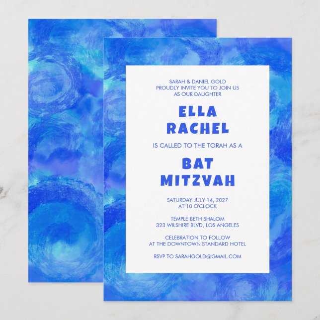 Convites Rolagem de Água Azul Bar Personalizado Bat Mitzvah (Frente/Verso)