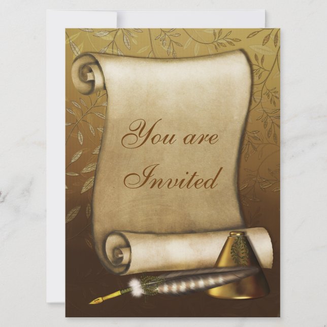 Convites Rolagem Elegante, Quill e Inkwell (Frente)