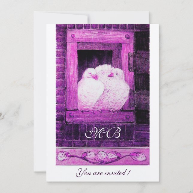 Convites ROLAS BRANCAS NA JANELA Monograma, Branco Roxo (Frente)