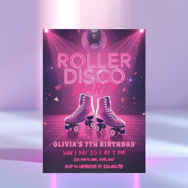 Convites Roller Disco Party Birthday Invitation | Neon Pink (Criador carregado)