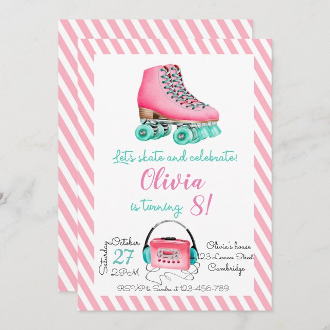 Convites Roller Skating Birthday Invitation (Frente/Verso)