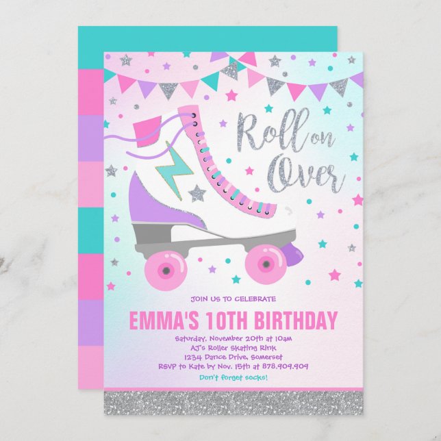 Convites Roller Skating Birthday Invitation Party (Frente/Verso)
