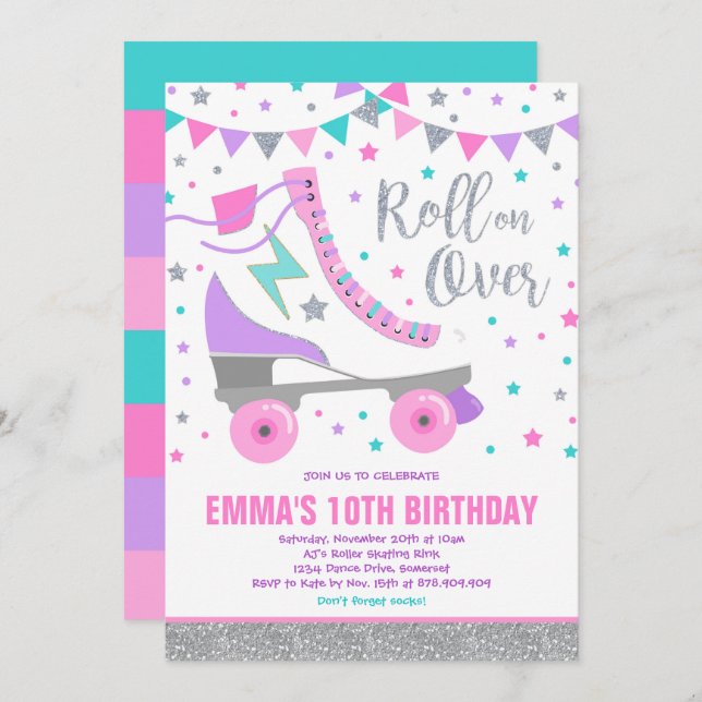 Convites Roller Skating Birthday Invitation Party (Frente/Verso)