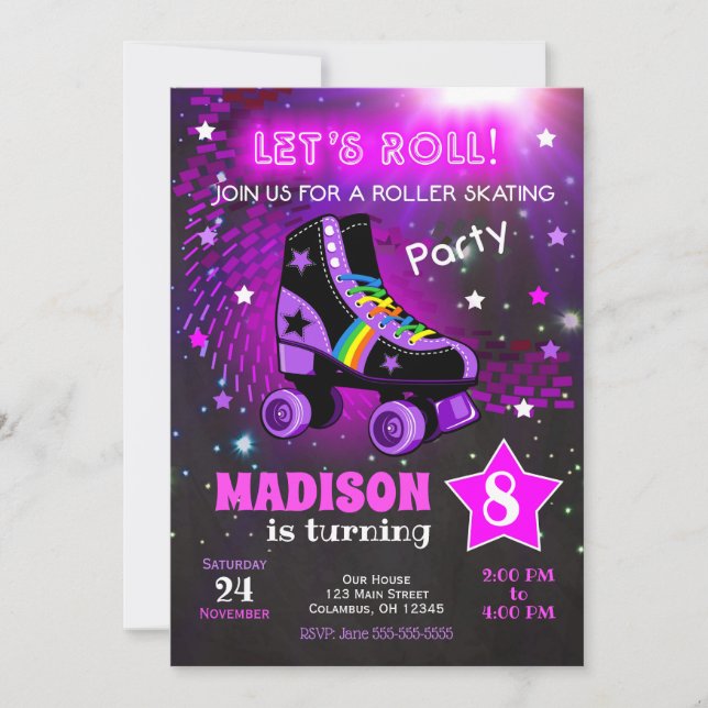 Convites Roller Skating Birthday Party Invitation / Neon (Frente)