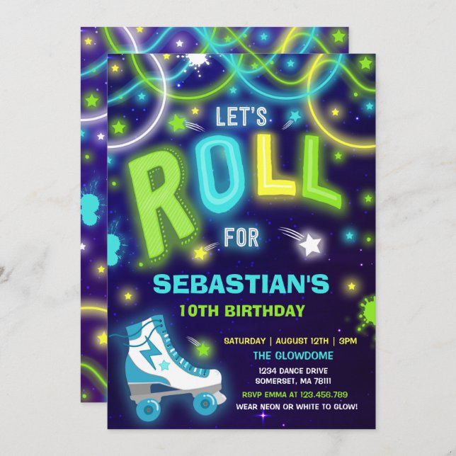 Convites Roller Skating Invitation Neon Glow Skating Party (Frente/Verso)